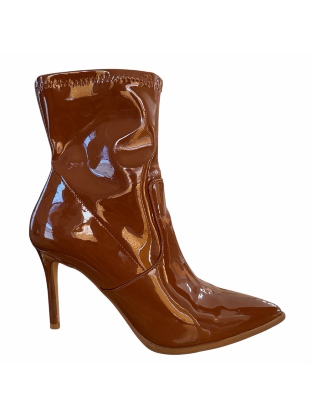 Steve Madden Elwyn Viktory Cognac Patent Ankle Stiletto Heel Boots